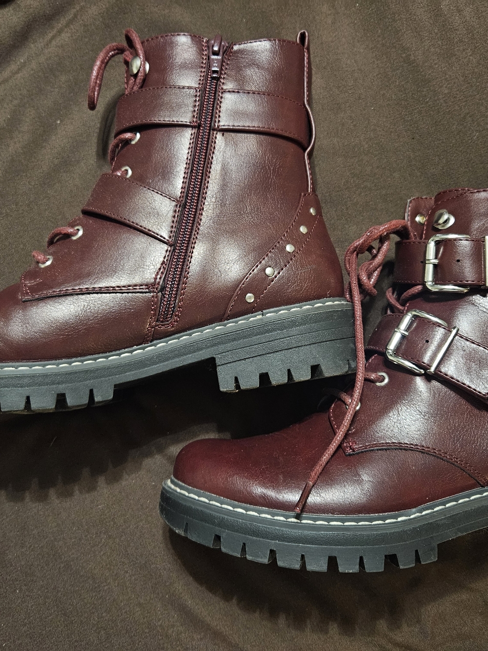 Women's SO Burgundy Lace-Up Combat Boots with Buckle